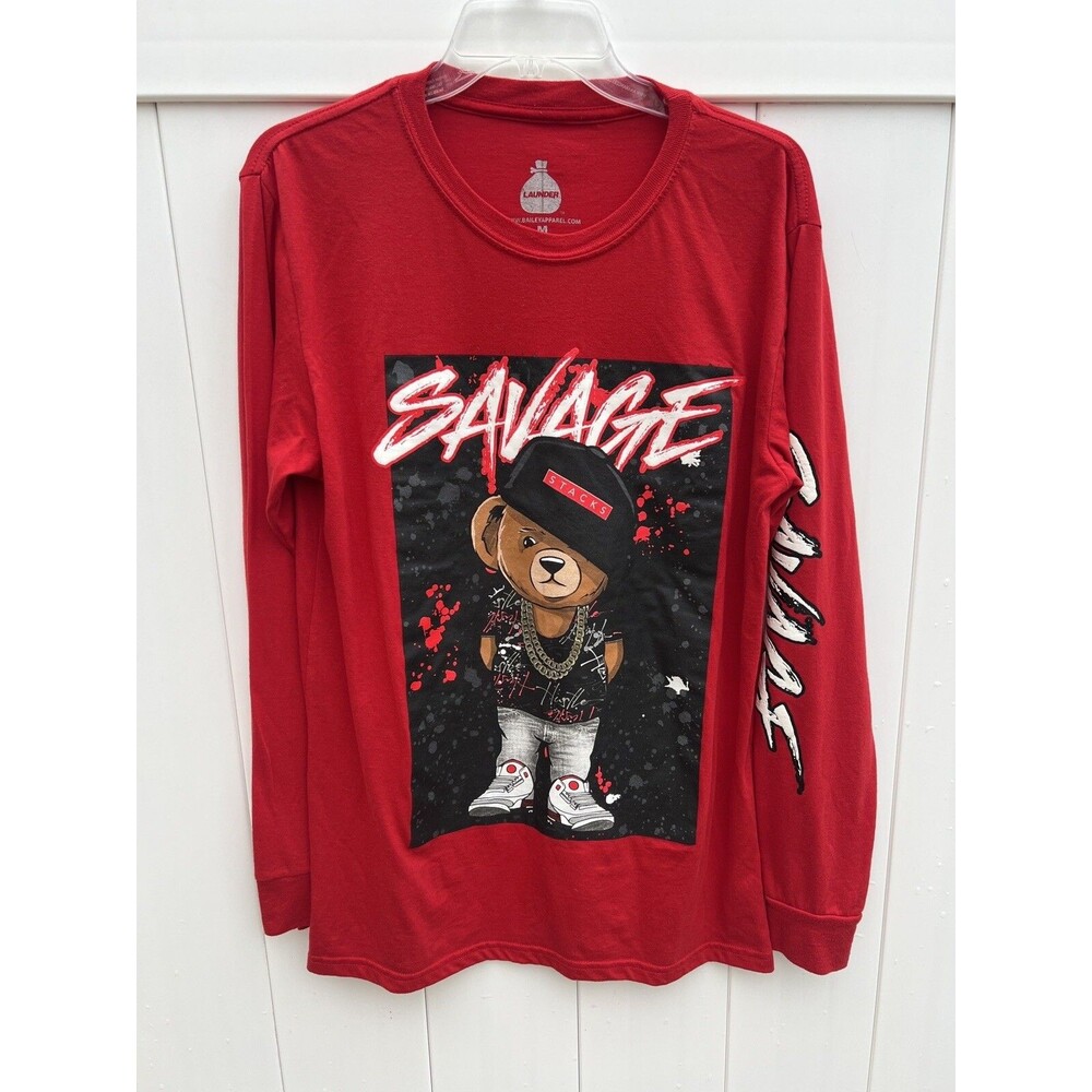 LAUNDER Men’s Teddy Bear Savage Graphic T Shirt Long Sleeve Sz Medium